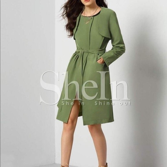 Army Green Long Sleeve Pockets Trench Coat - Picture 3 of 12
